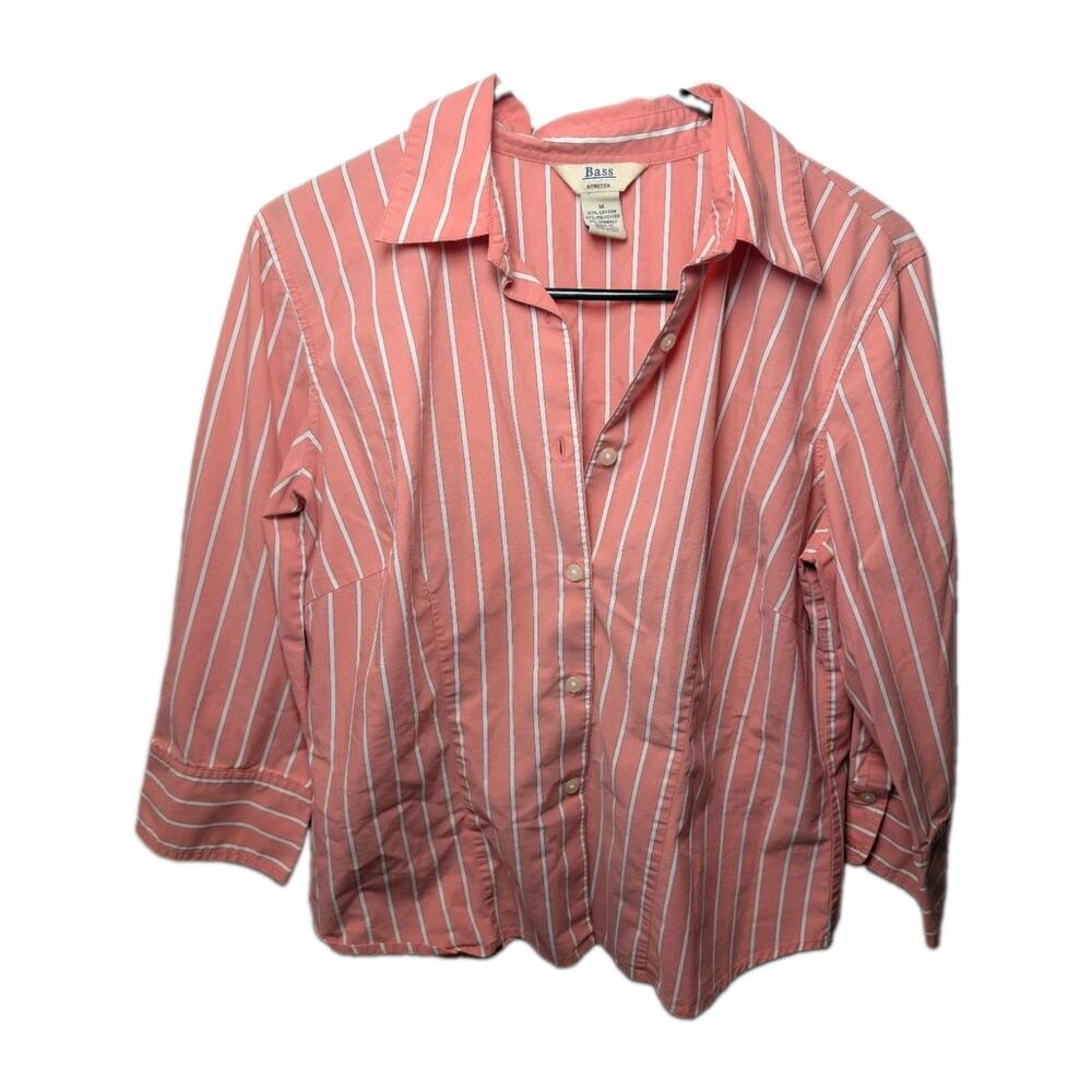 Bass Blouse Preppy Women's Stretchy Top Salmon White Pinstripe Shirt Size Medium